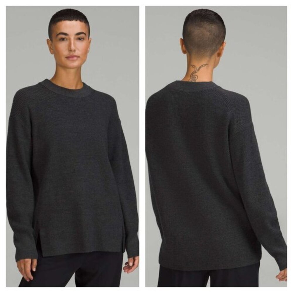 Lululemon Merino Wool-Blend Ribbed Crewneck Sweater 8 Heathered Black